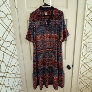 Chico's Paisley & Stripe Midi Dress in Red and Blue